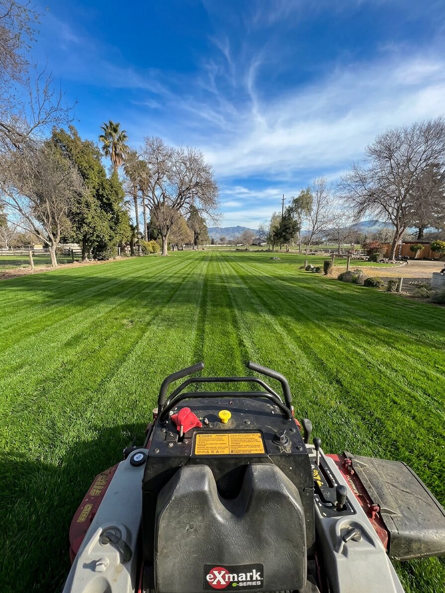 View from the seat of an Exmark zero-turn mower cutting a vast Central Valley lawn