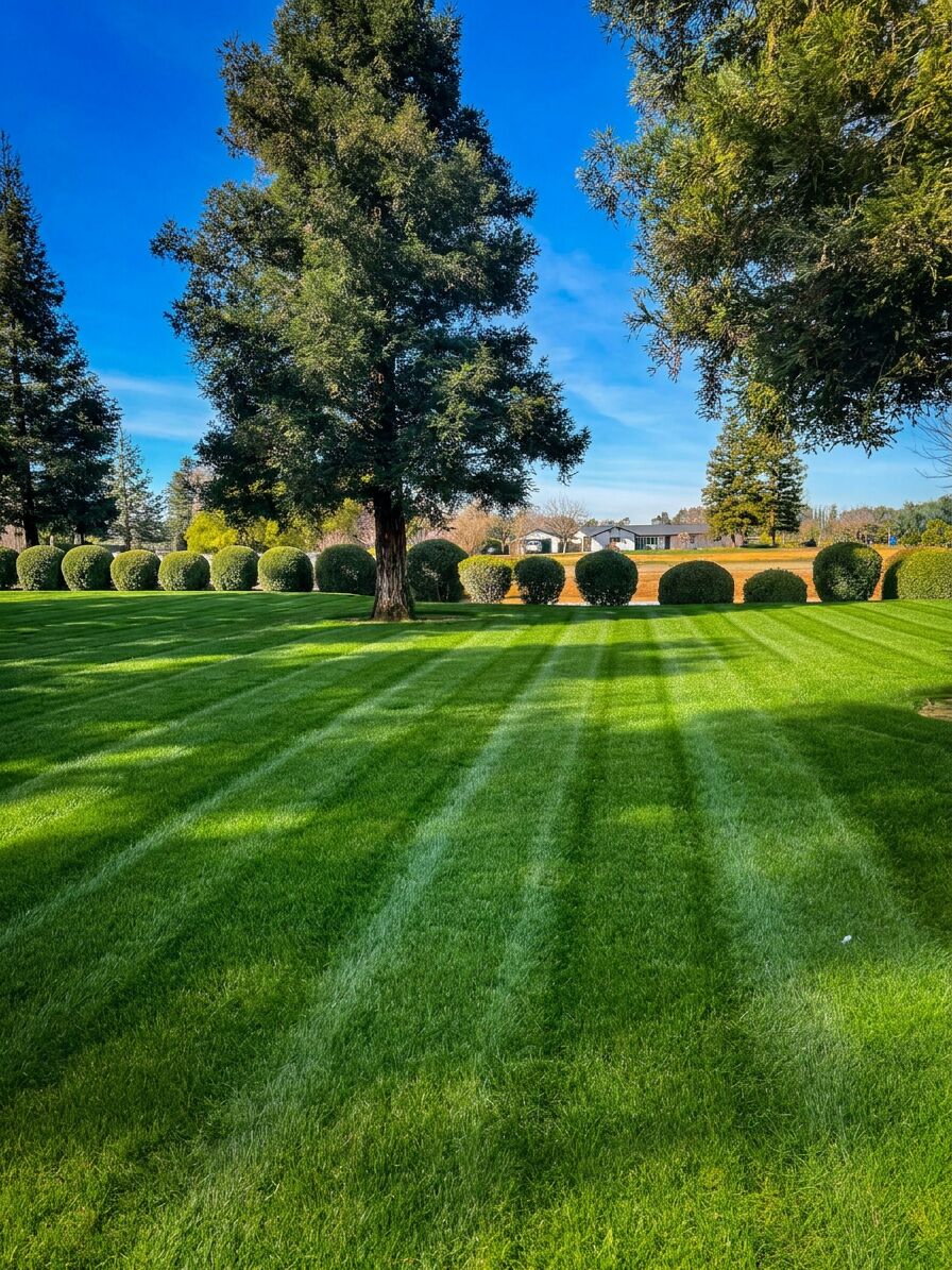 Estate lawn with manicured topiary boxwoods and crisp mow stripes