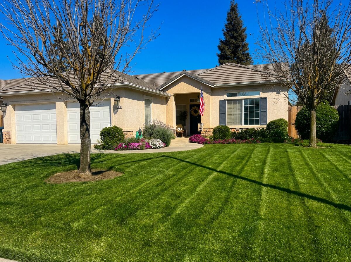 Manicured front lawn with crisp mowing stripes by Efrain Lawn Service in Fresno
